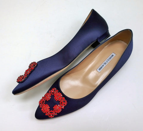 Manolo Blahnik Hangisi Flats in Navy Blue Satin with Red Rhinestone Buckle Strass Shoes