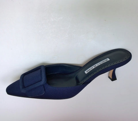 Manolo Blahnik Maysale 50 Blue Linen Buckle Mules Slide Heels