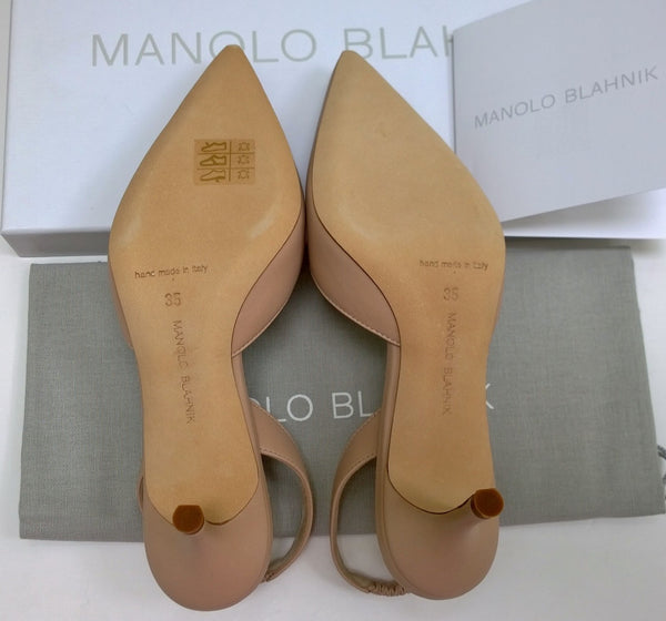 Manolo Blahnik Carolyne 50 Beige Nude Leather Slingback Heels