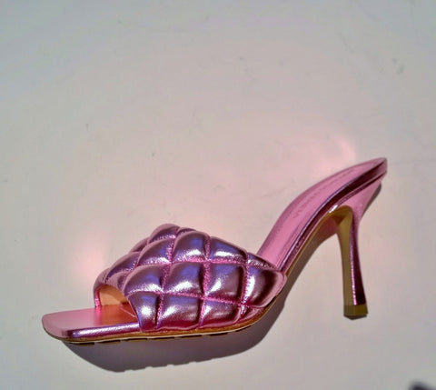 Bottega Veneta Quilted Padded Mules In Metallic Pink Leather Sandals Heels