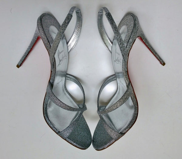 Christian Louboutin Emilie 100 Silver Glitter Sandals Slingback Heels