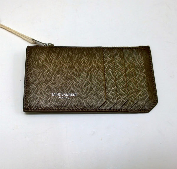 Saint Laurent Fragments Card Wallet in Khaki Brown Leather Dark Wood Case Holder