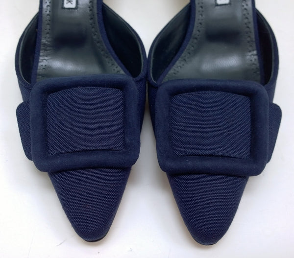 Manolo Blahnik Maysale 50 Blue Linen Buckle Mules Slide Heels
