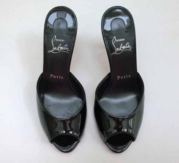 Christian Louboutin Me Dolly 85 Black Patent Peep Toe Heels Sandals Slides