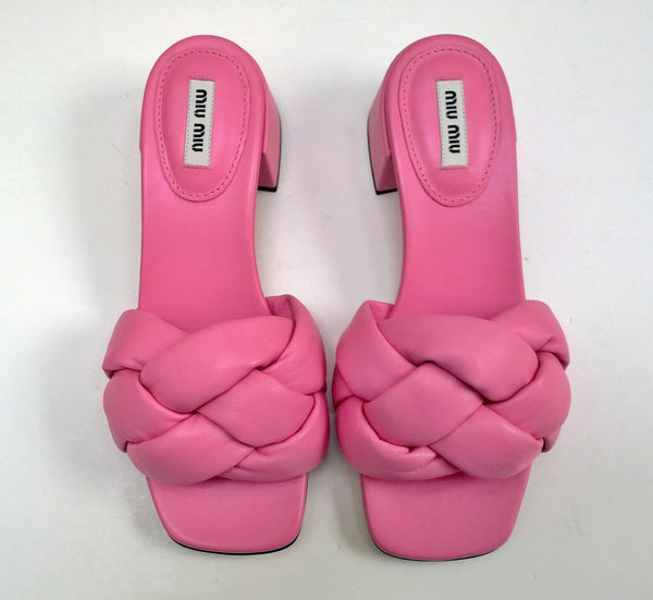 Miu Miu Donna Pink Leather Quilted Puffy Slides Sandals Padded Heels