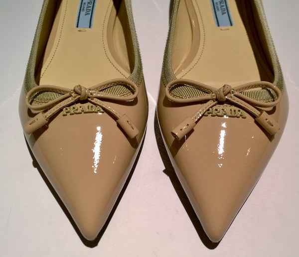 Prada Bow Pointy Ballet Flats in Cipria Nude Patent Leather Shoes