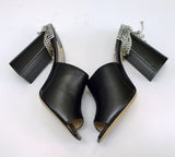Jimmy Choo Baia Black Leather Rhinestone Tassel Sandals Heels Mules