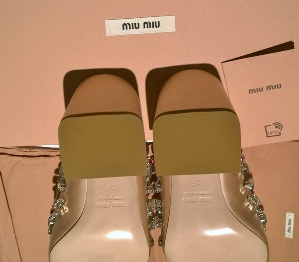 Miu Miu Crystal Sandals 65 Pink Satin Slides Rhinestones