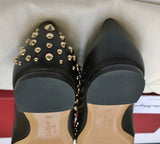 Ferragamo Varinaroc Black Leather Gold Studs Bow Shoes Flats C Wide Width