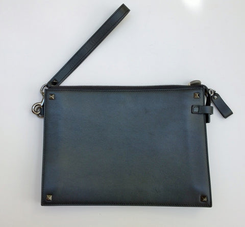 Valentino Garavani Men's Rockstud Black Leather Clutch Bag Wrist Strap