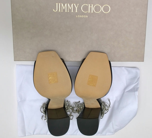 Jimmy Choo Baia Black Leather Rhinestone Tassel Sandals Heels Mules