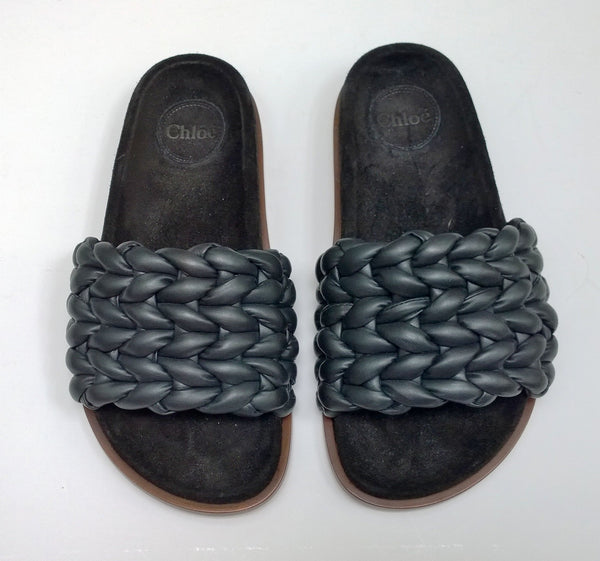 Chloé Kacey Braided Woven Leather Footbed Slides in Black Leather Sandals Flats