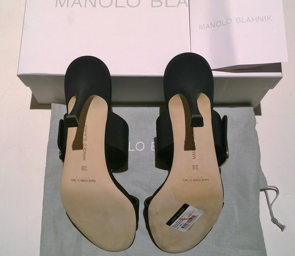 Manolo Blahnik Gable Black Crepe de Chine Mother of Pearl Buckle Slides Sandals New Heels