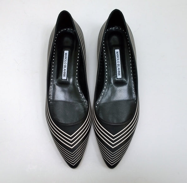 Manolo Blahnik Waldayaflat in Black Nappa Leather with White Gradation Stripes Shoes Flats