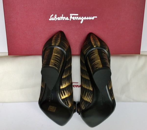 Ferragamo Viva Printed Suede 55 Heels with Bow in Black and Gold
