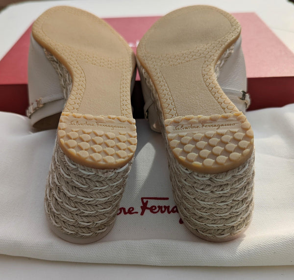 Ferragamo Thassos Bone Cream Calf Leather Slides Espadrilles Wedge Sandals