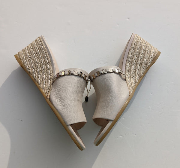 Ferragamo Thassos Bone Cream Calf Leather Slides Espadrilles Wedge Sandals