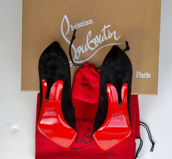 Christian Louboutin CL Logo Pumps in Black Suede with Red 85 Heels