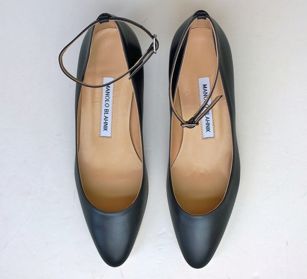 Manolo Blahnik Listony Black Leather Ankle Strap Block heels flats