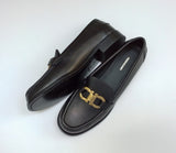 Ferragamo Gancini Black Leather Loafers with Gold Tone Buckle Flats Shoes