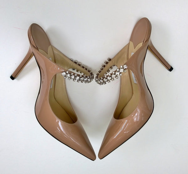 Jimmy Choo Bing 100 Ballet Pink Nude Patent Rhinestone Heels Mules