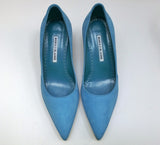 Manolo Blahnik Axidiaso 50 Light Blue Leather and Suede Kitten Heels