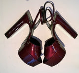 Saint Laurent Jodie Sparkling Burgundy Patent Platform Sandals Heels