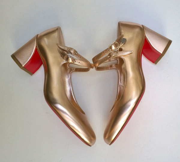 Christian Louboutin Miss Jane 55 Rose Gold Metallic Leather Mary Jane Ankle Strap Heels