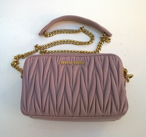Miu Miu Matelassé Camera Chain Bag with Pleated Dusty Pink Mauve Leather Handbag