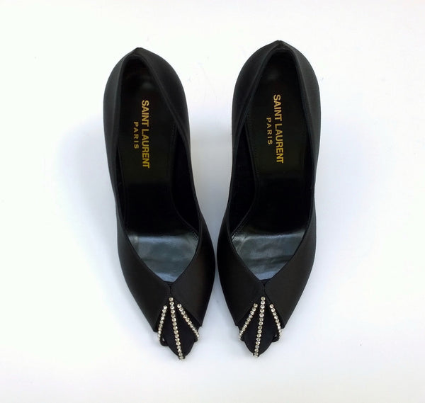 Saint Laurent Alix Black Satin Rhinestone Heels Peep Toe