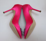 Manolo Blahnik Bright Pink Hangisi 105 Heels with Turquoise Blue Rhinestone Buckle Shoes