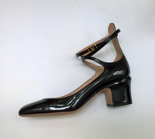 Valentino Garavani Tango Black Patent Ankle Strap Block Heels