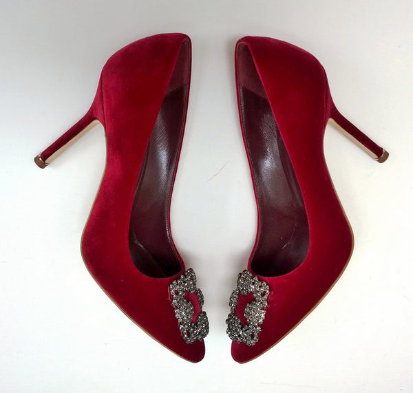 Manolo Blahnik Dark Red Velvet Hangisi 105 Heels Rhinestone Buckle Shoes Burgundy