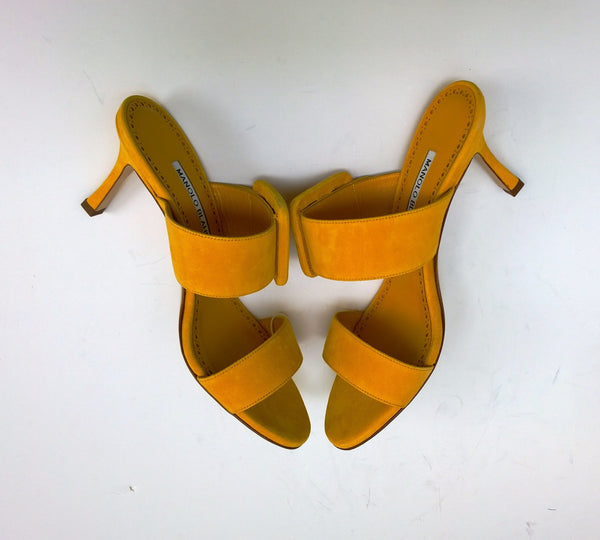 Manolo Blahnik Gable 70 Buckle Slides in Bright Yellow Suede Sandals Heels