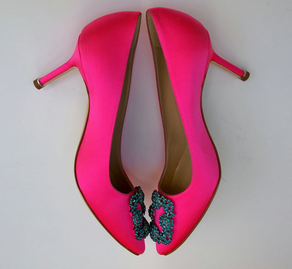 Manolo Blahnik Hangisi Bright Pink Turquoise Buckle Rhinestone Heels Fuchsia Shoes