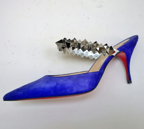 Christian Louboutin Planet Choc Violet Suede 85mm Heels with Silver Details Slide Shoes Spikes Mules