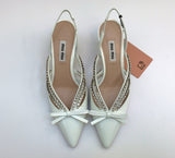 Miu Miu White Patent Slingback Heels with Rhinestones and Bow