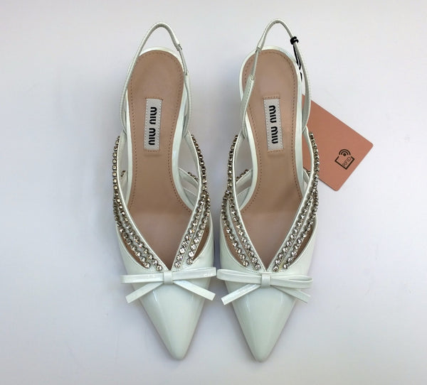 Miu Miu White Patent Slingback Heels with Rhinestones and Bow