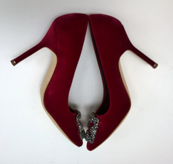 Manolo Blahnik Dark Red Velvet Hangisi 105 Heels Rhinestone Buckle Shoes Burgundy