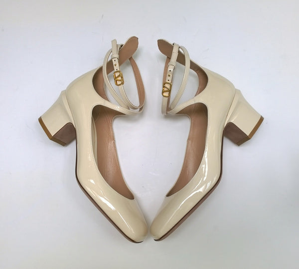 Valentino Garavani Tango 60 Ankle Strap Block Heels in Cream Patent Leather.