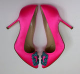 Manolo Blahnik Bright Pink Hangisi 105 Heels with Turquoise Blue Rhinestone Buckle Shoes