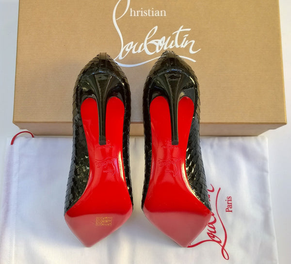 Christian Louboutin Kate 85 Black Patent Snake Embossed Heels