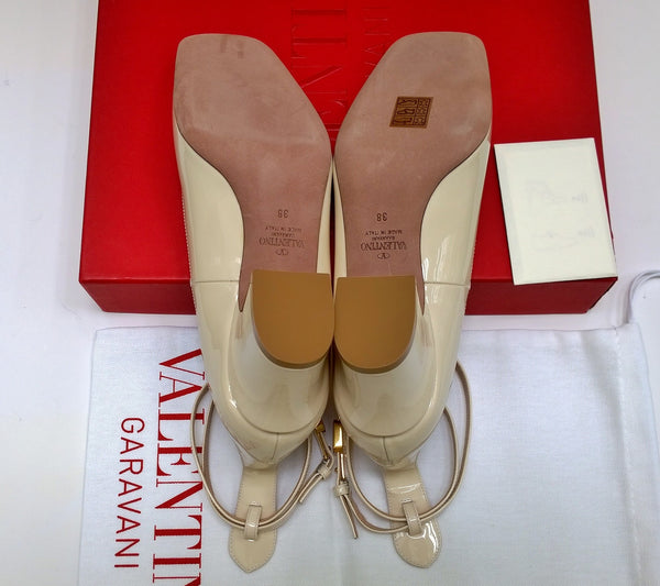 Valentino Garavani Tango 60 Ankle Strap Block Heels in Cream Patent Leather.