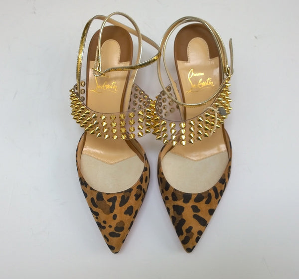 Christian Louboutin Levita 55 Leopard Suede PVC Gold Studs Heels with Gold Strap