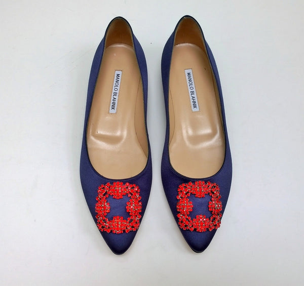 Manolo Blahnik Hangisi Flats in Navy Blue Satin with Red Rhinestone Buckle Strass Shoes