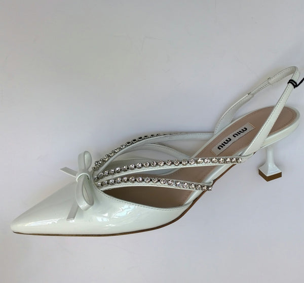 Miu Miu White Patent Slingback Heels with Rhinestones and Bow