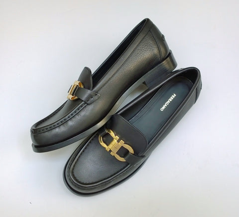 Ferragamo Gancini Black Leather Loafers with Gold Tone Buckle Flats Shoes