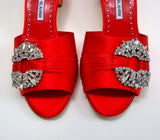 Manolo Blahnik Prinap 50 Bright Red Satin Rhinestone Sandals Slides