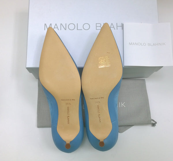 Manolo Blahnik Axidiaso 50 Light Blue Leather and Suede Kitten Heels