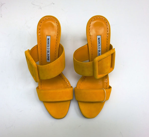 Manolo Blahnik Gable 70 Buckle Slides in Bright Yellow Suede Sandals Heels